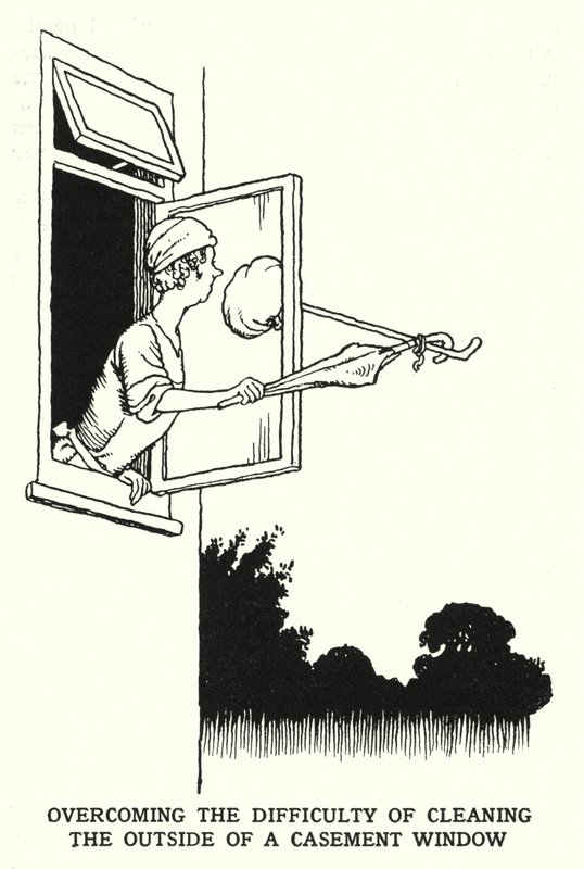 Att övervinna svårigheten att rengöra utsidan av ett bågfönster (litho) av William Heath Robinson