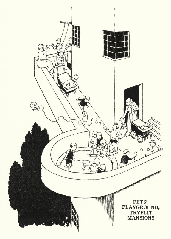 Lekplats för husdjur, Tryplit Mansions (litho) av William Heath Robinson