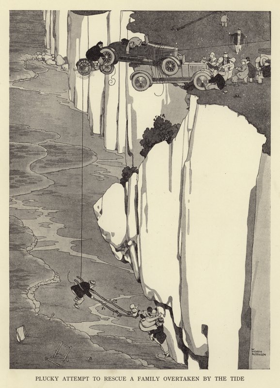 Modigt försök att rädda en familj som blivit omkörd av tidvattnet av William Heath Robinson