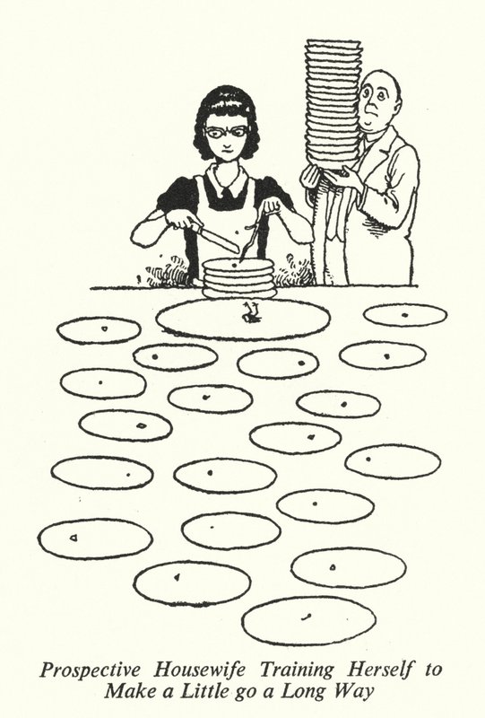 Blivande hemmafru tränar sig själv för att få lite att gå långt (litho) av William Heath Robinson