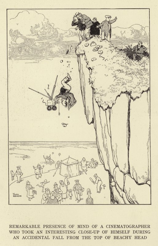 En filmfotograf som tog en intressant närbild av sig själv under ett oavsiktligt fall från toppen av Beachy Head av William Heath Robinson