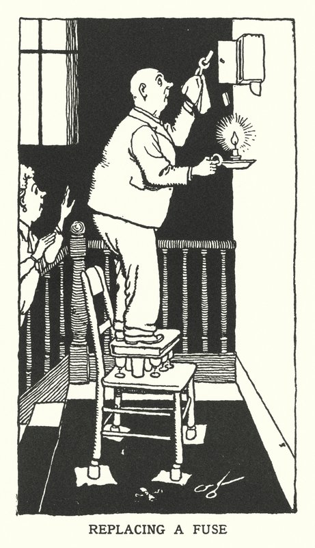 Byta en säkring (litho) av William Heath Robinson