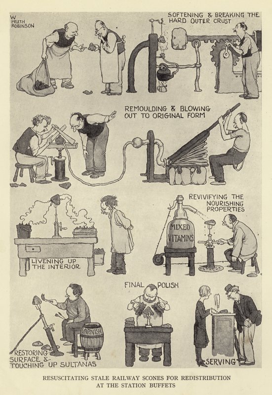 Återupplivning av inaktuella järnvägsscones för omfördelning vid stationsbufféerna av William Heath Robinson