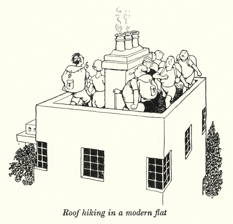 Takvandring i en modern lägenhet (litho) av William Heath Robinson