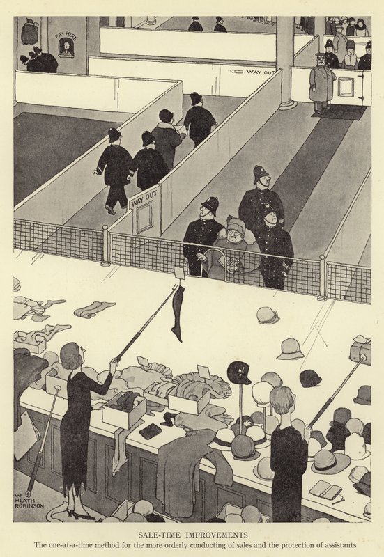 Förbättringar vid försäljningstid, metoden en i taget för ett mer ordnat genomförande av försäljning och skydd av assistenter av William Heath Robinson