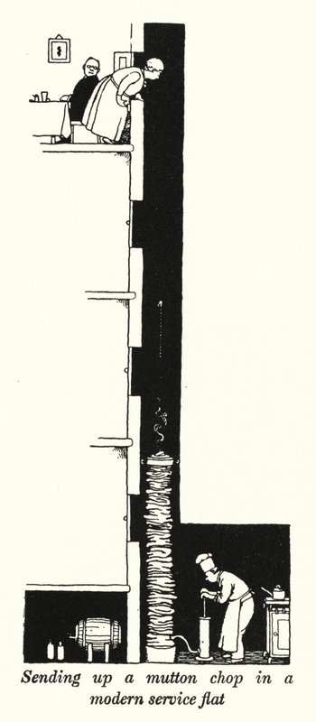 Skickar upp en fårkotlett i en modern servicelägenhet (litho) av William Heath Robinson