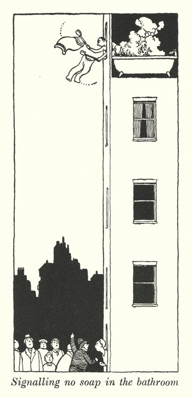 Signalerar ingen tvål i badrummet (litho) av William Heath Robinson
