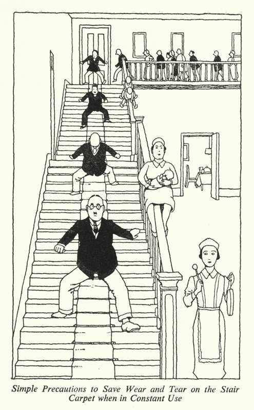 Enkla försiktighetsåtgärder för att spara slitage på trappmattan vid konstant användning (litho) av William Heath Robinson
