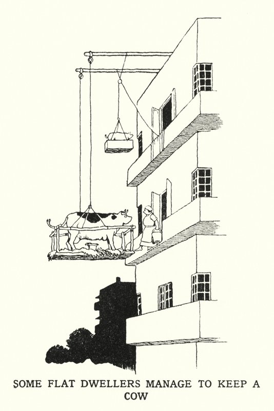 Vissa lägenhetsbor lyckas hålla en ko (litho) av William Heath Robinson