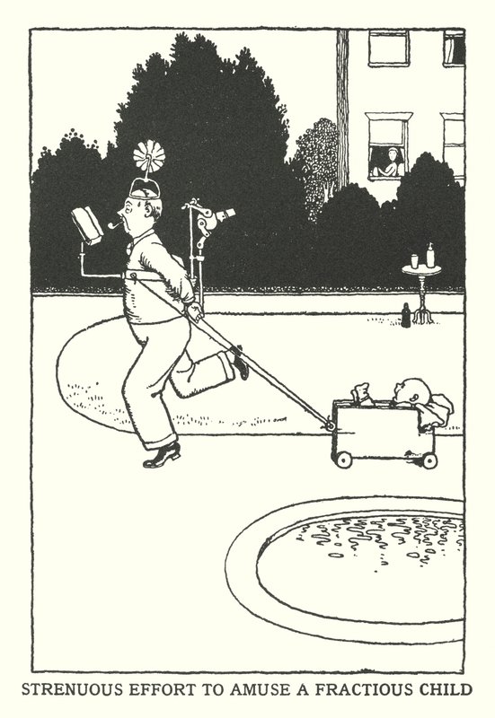 Ansträngande försök att roa ett bräckligt barn (litho) av William Heath Robinson