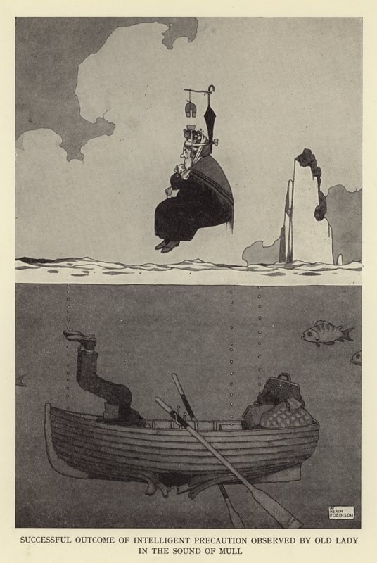 Framgångsrikt resultat av intelligent försiktighetsåtgärd observerad av gammal dam i ljudet av mull av William Heath Robinson