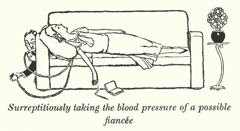 Tar i smyg blodtrycket från en möjlig fästmö (litho) av William Heath Robinson