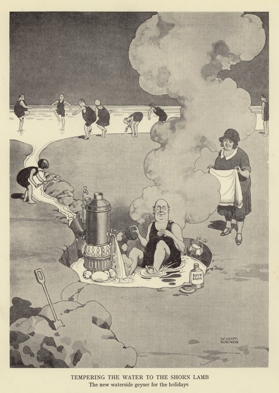 Temperering av vattnet till det klippta lammet, den nya gejsern vid vattnet för semestern av William Heath Robinson