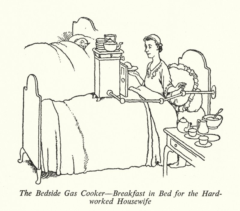 Gasspisen vid sängen, frukost på sängen för den hårt arbetade hemmafrun (litho) av William Heath Robinson
