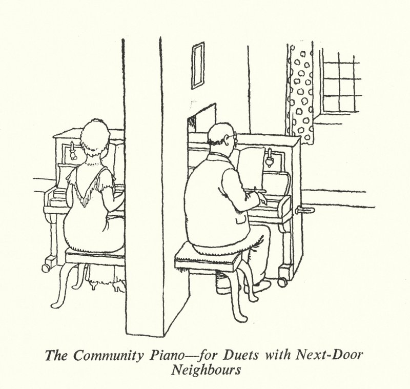 The Community Piano, för duetter med grannar (litho) av William Heath Robinson