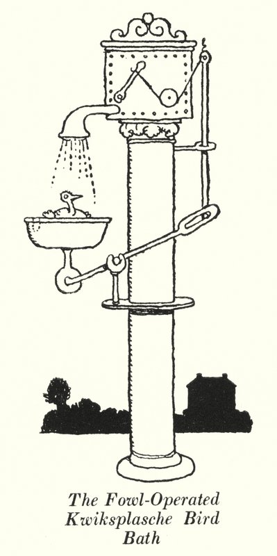 Det fågeldrivna Kwiksplasche fågelbadet (litho) av William Heath Robinson