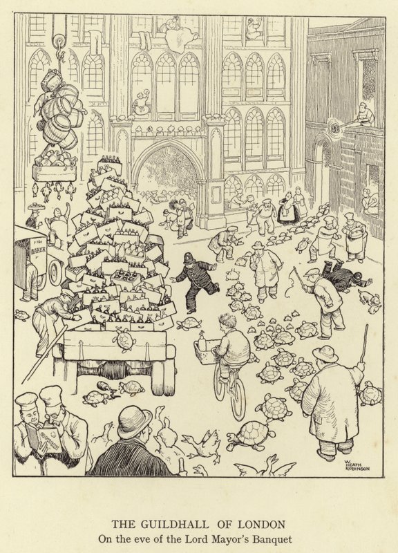 Guildhall i London, kvällen före borgmästarens bankett. av William Heath Robinson