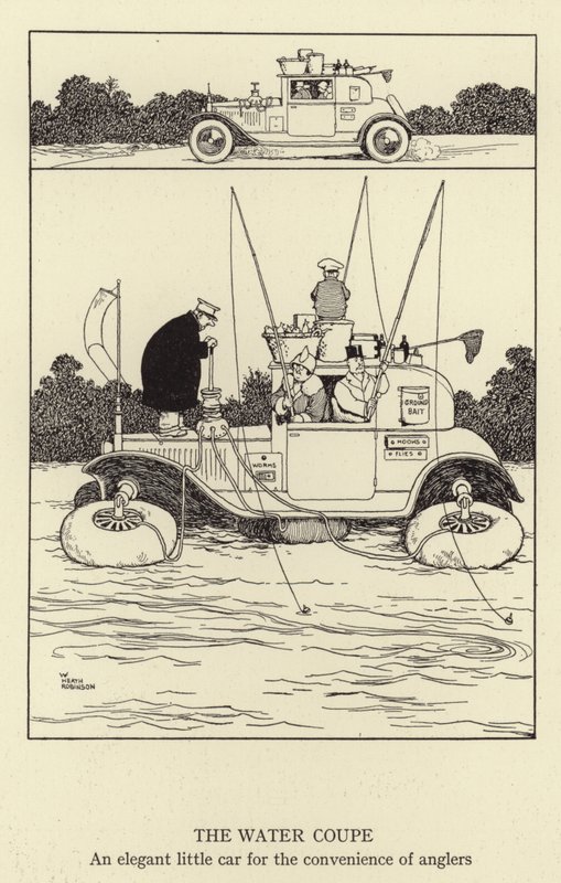 Water Coupe, en elegant liten bil för att underlätta för sportfiskare. av William Heath Robinson