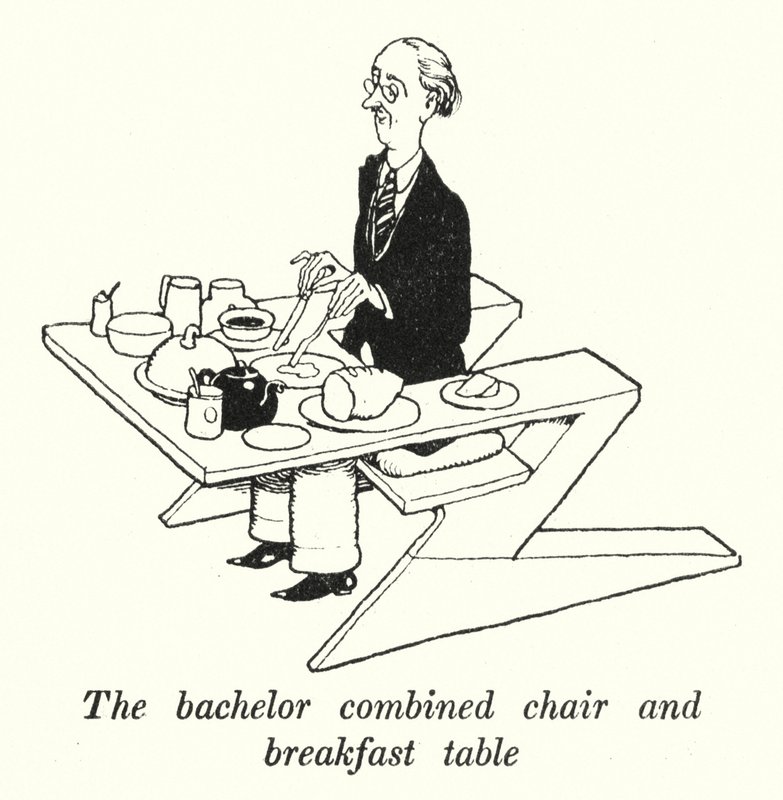 Ungkarlen kombinerad stol och frukostbord (litho) av William Heath Robinson