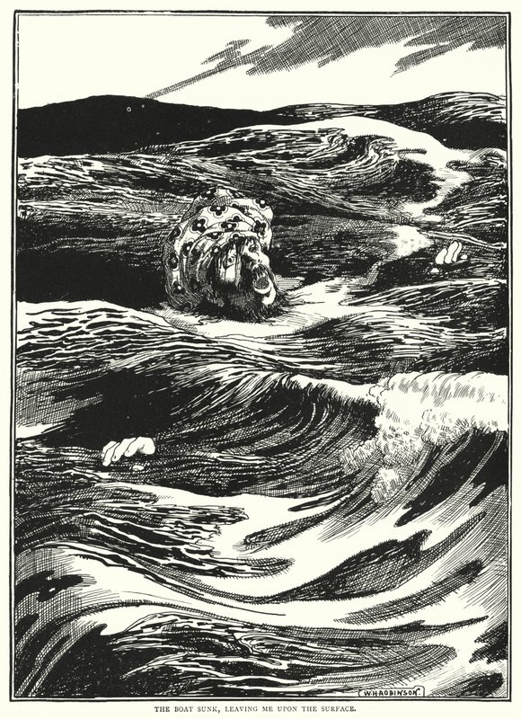 Båten sjönk och lämnade mig på ytan (gravyr) av William Heath Robinson