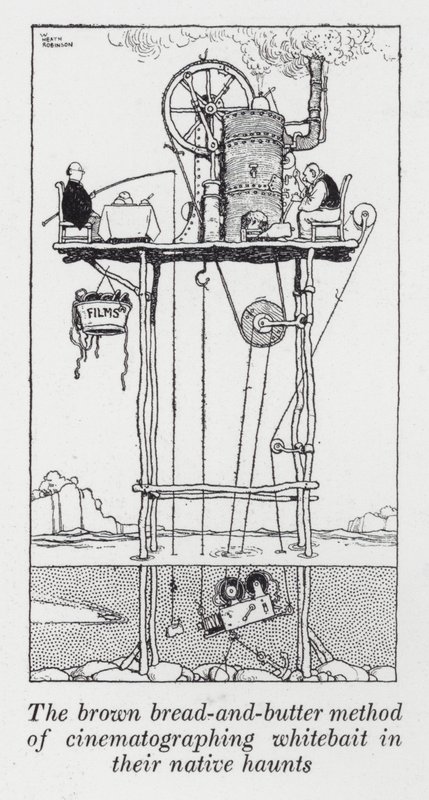 Den bruna bröd-och-smörmetoden för att filma sik i deras hemvist (litho) av William Heath Robinson