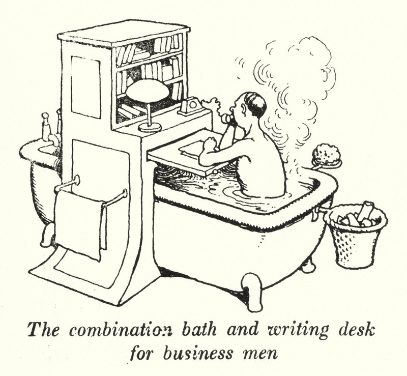 Kombinationen badkar och skrivbord för affärsmän (litho) av William Heath Robinson
