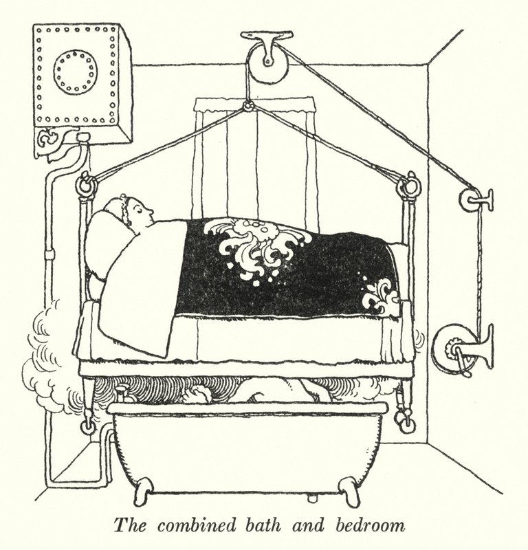 Det kombinerade badrummet och sovrummet (litho) av William Heath Robinson