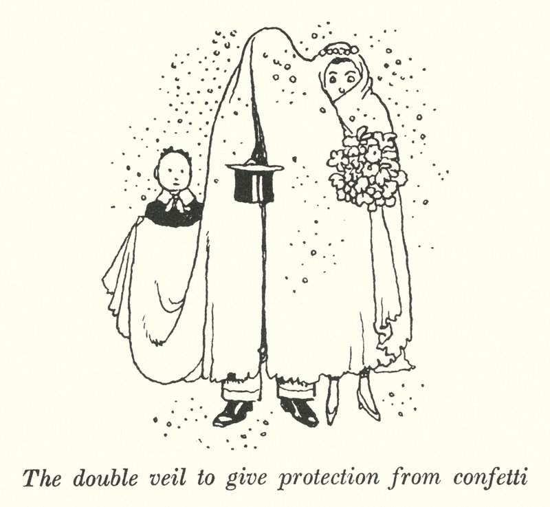 Den dubbla slöjan för att ge skydd mot konfetti (litho) av William Heath Robinson