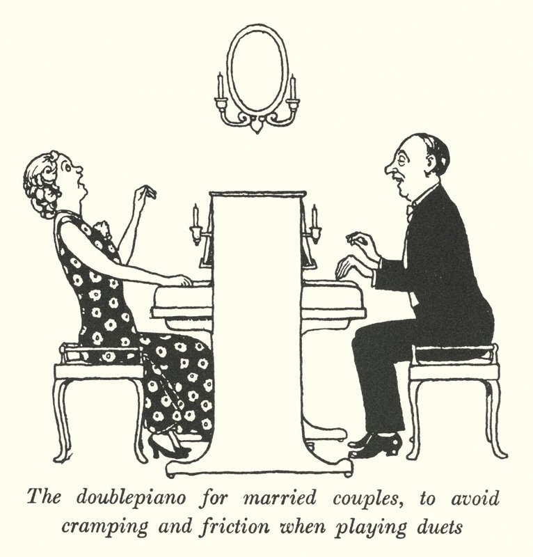 Dubbelpianot för gifta par, för att undvika kramp och friktion när du spelar duetter (litho) av William Heath Robinson