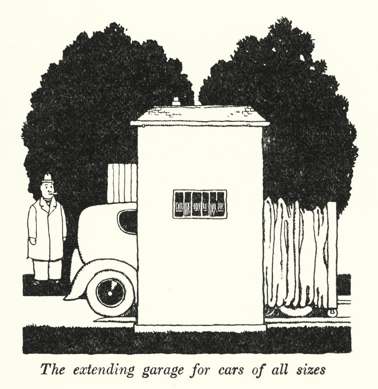 Det utbyggda garaget för bilar av alla storlekar (litho) av William Heath Robinson