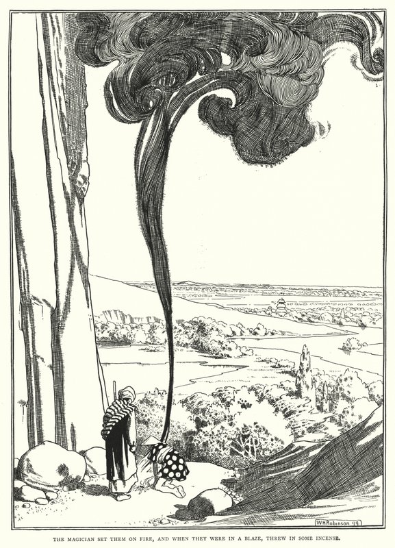 Magikern satte eld på dem, och när de brann, kastade han in lite rökelse (gravyr) av William Heath Robinson