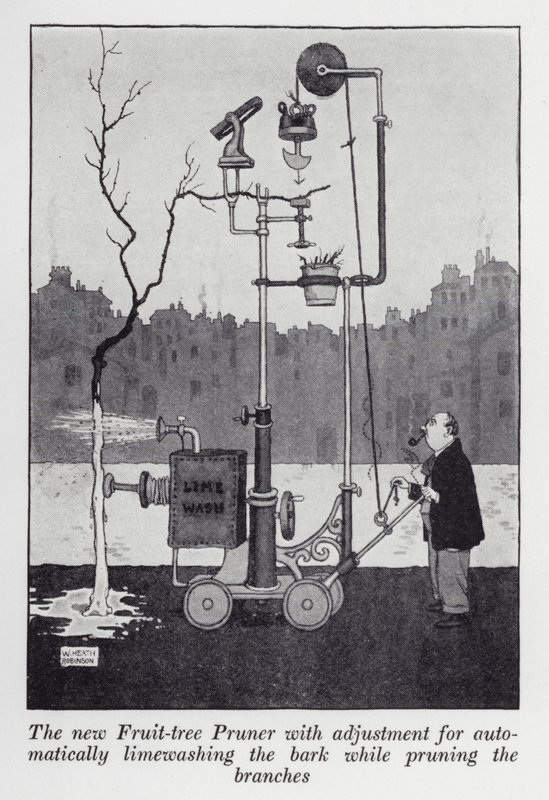 Den nya fruktträdsbeskäraren med justering för automatisk kalktvättning av barken medan du beskär grenarna (litho) av William Heath Robinson