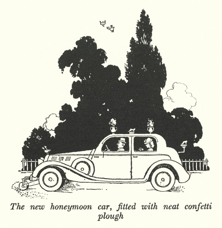 Den nya smekmånadsbilen, försedd med snygg konfettiplog (litho) av William Heath Robinson