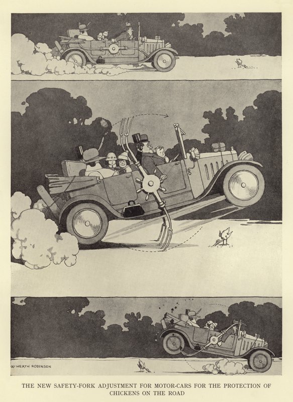 Den nya säkerhetsgaffeljusteringen för bilar för skydd av kycklingar på vägen av William Heath Robinson