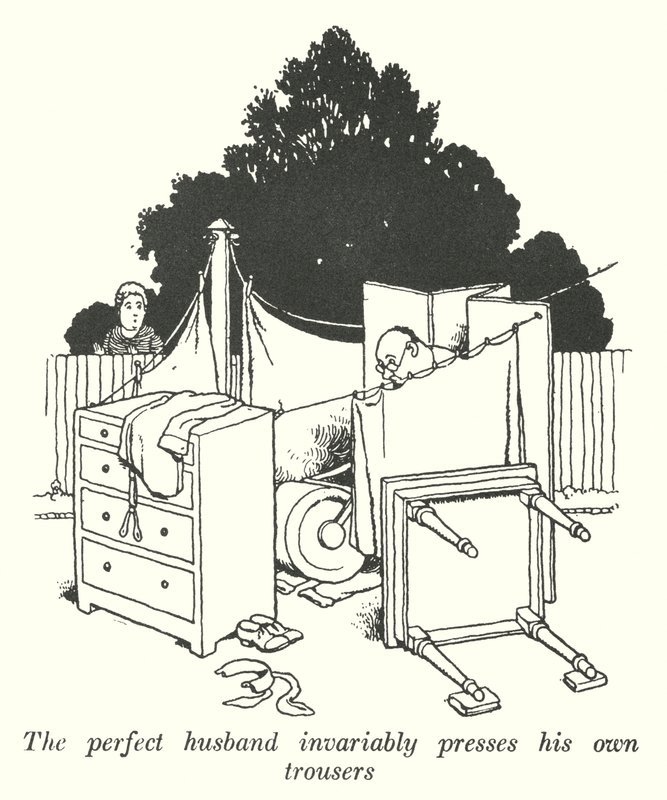 Den perfekta mannen pressar alltid sina egna byxor (litho) av William Heath Robinson