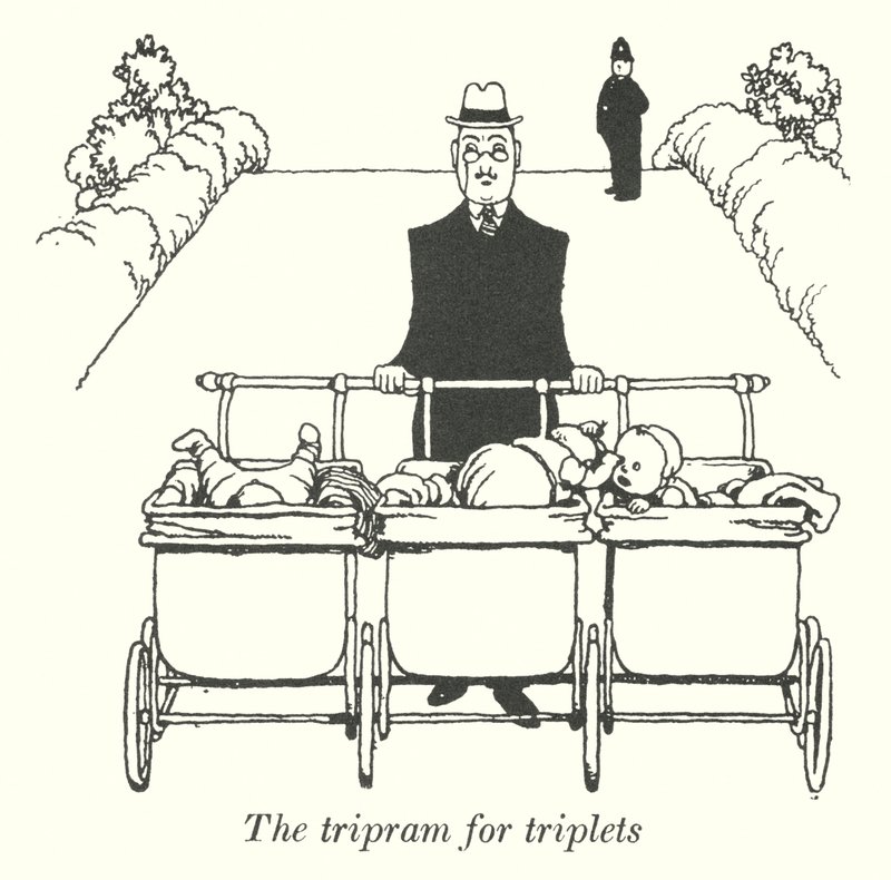 Tripram för trillingar (litho) av William Heath Robinson
