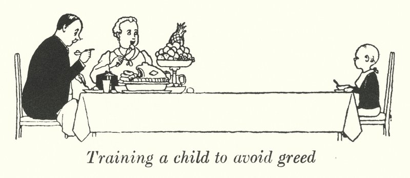 Träna ett barn att undvika girighet (litho) av William Heath Robinson