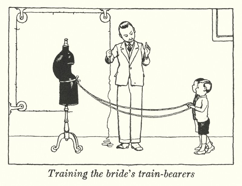 Träning av brudens tågbärare (litho) av William Heath Robinson