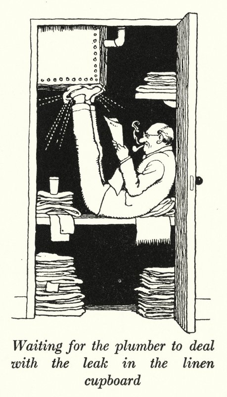 Väntar på att rörmokaren ska ta itu med läckan i linneskåpet (litho) av William Heath Robinson