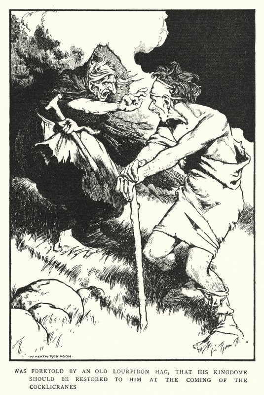 Blev förutsagt av en gammal Lourpidon-hagling att hans kungadöme skulle återställas till honom vid ankomsten av Cocklicranes (litho) av William Heath Robinson