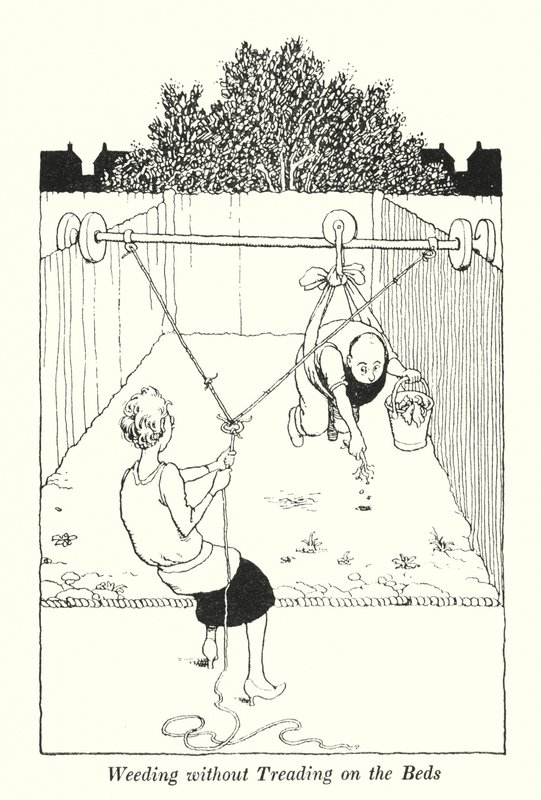 Ogräsrensning utan att trampa på sängarna (litho) av William Heath Robinson