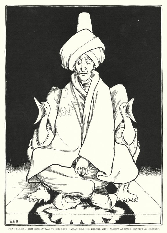 Det som gladde honom mycket var att se Abou Hassan fylla sin tron med nästan lika mycket gravitation som han själv (gravyr) av William Heath Robinson