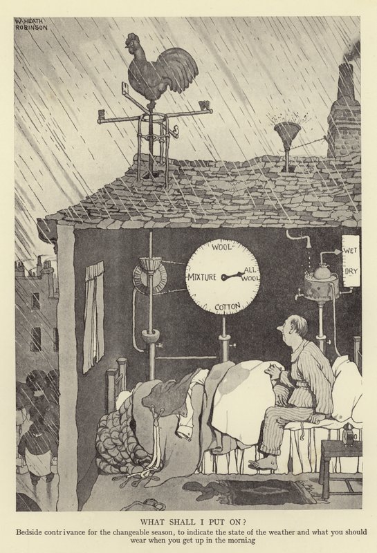 Vad ska jag sätta på sängkläder för den föränderliga årstiden, för att indikera vädrets tillstånd och vad du ska ha på dig när du går upp på morgonen av William Heath Robinson