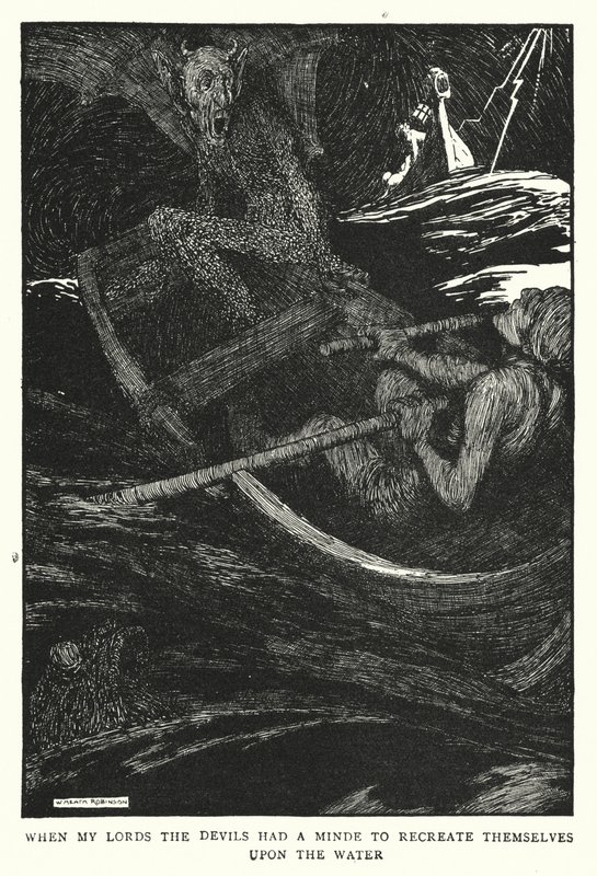 När mina herrar djävlarna hade en vilja att återskapa sig själva på vattnet (litho) av William Heath Robinson