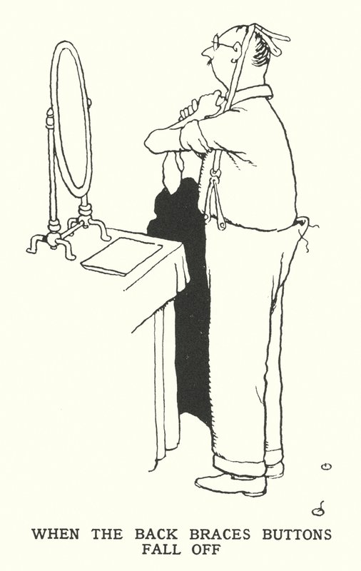 När hängslens knappar faller av (litho) av William Heath Robinson