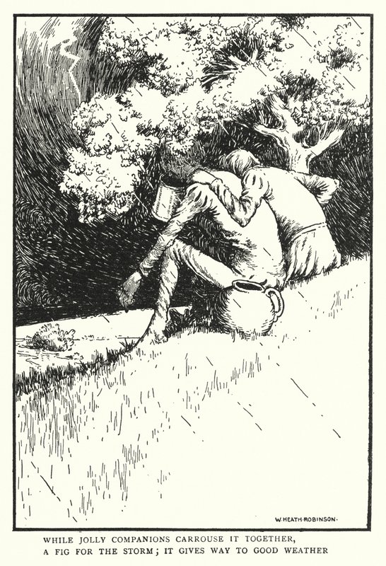 Medan glada följeslagare bär det tillsammans, ett fikon för stormen, ger det vika för bra väder (litho) av William Heath Robinson