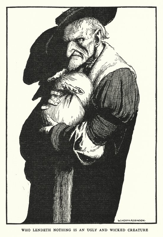 Den som inte lånar ut något är en ful och elak varelse (litho) av William Heath Robinson