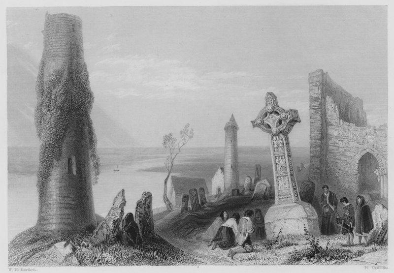 Forntida kors, Clonmacnoise (gravyr) av William Henry (after) Bartlett
