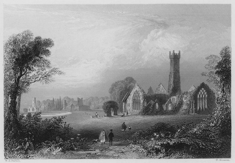 Augustinian Abbey, Adare, med slottet Fitzgeralds och Francescan Abbey (gravyr) av William Henry (after) Bartlett