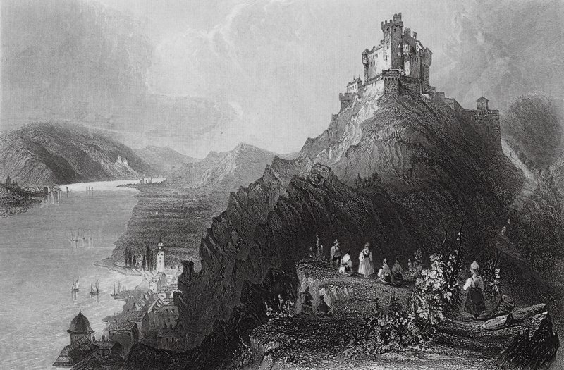 Braubach och slottet Marksburg vid Rhen (gravyr) av William Henry (after) Bartlett